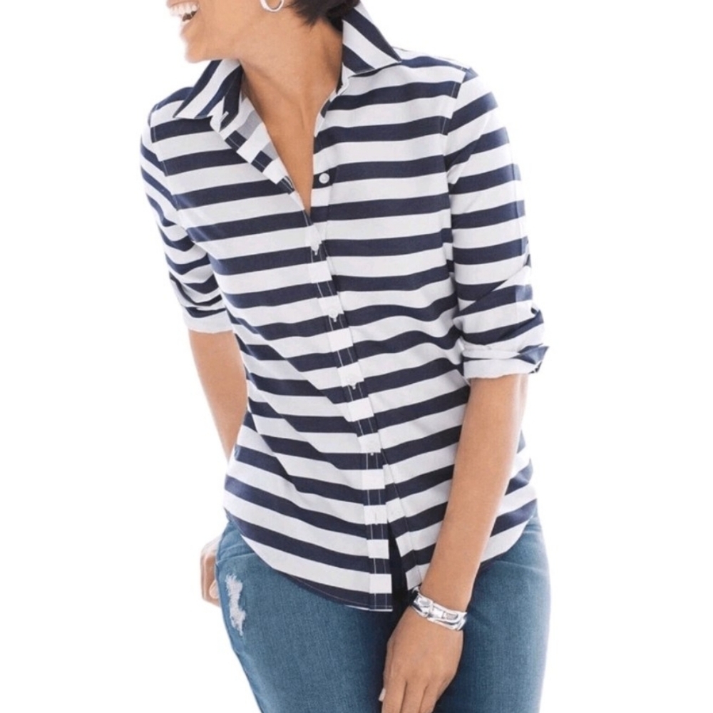 CHICO'S no iron nautical stripe button down 1 M